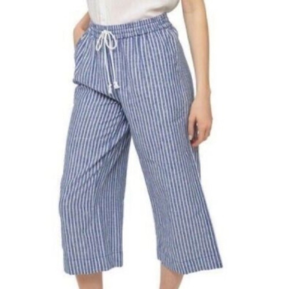 Beachlunchlounge Women's Sz M Blue Stripe Linen Cotton Wide Leg Crop Margot Pant